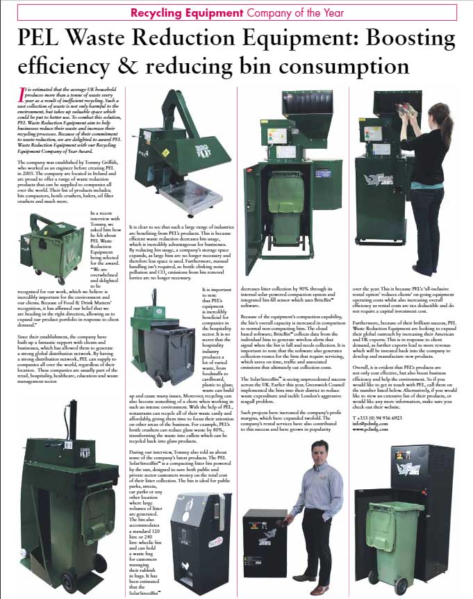 PEL Waste Reduction Equipment is Recycling Equipment Company of the Year Award 2018