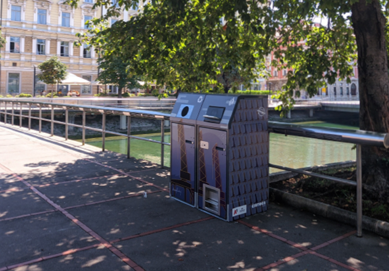 pel smart compacting solar powered waste bin trash can beside river