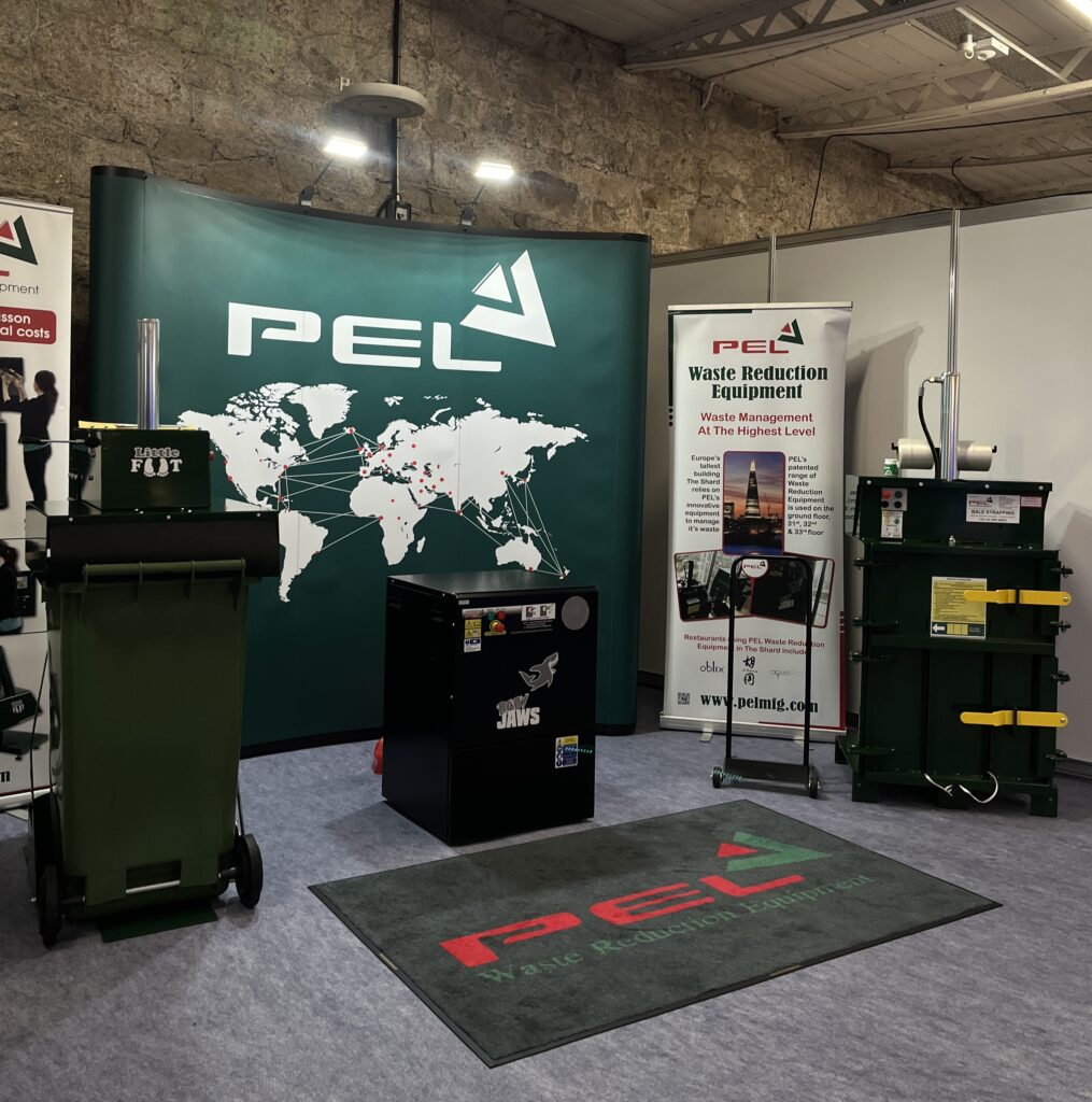 pel range of machines at hospitality expo 2024. Bottle crusher, baler and bin compactor