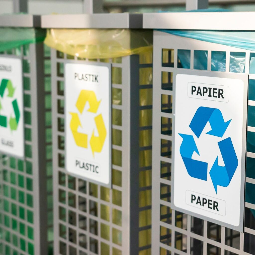 Waste and trash recycling and sorting paper plastic cardboard bin trash can for reducing waste