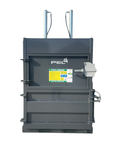 PEL2000A heavy-duty cardboard and plastic baler producing 150–200kg bales for high-volume recycling needs.