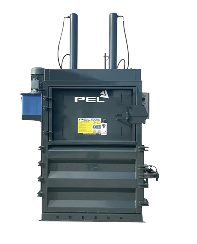 PEL 5000A heavy-duty baler producing 400–500kg neat bales of cardboard and plastic for high-volume recycling.