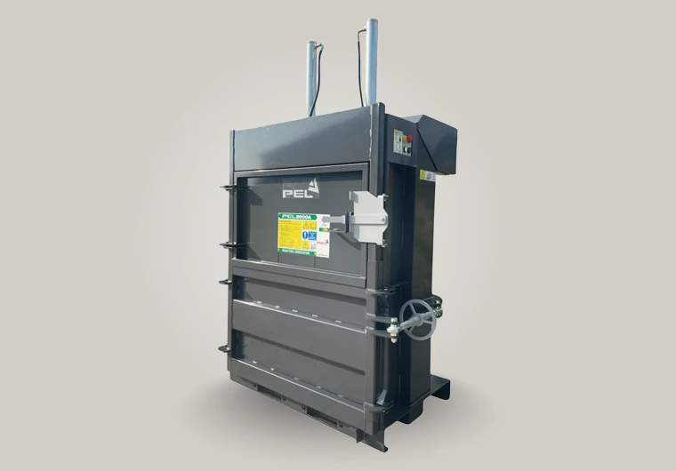 Robust PEL2000A baler with auto-cycle, manual mode, and integrated bale ejection system for efficient waste management.