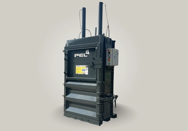 PEL 3500A heavy-duty baler producing neat 250–350kg recyclable bales with integrated bale ejection system.